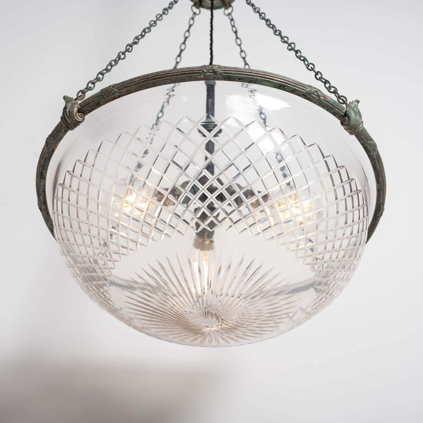 Large English Crystal Cut Glass Plafonnier With Quality Cast Fittings With Natural Verdigris Patina photo 1495.0