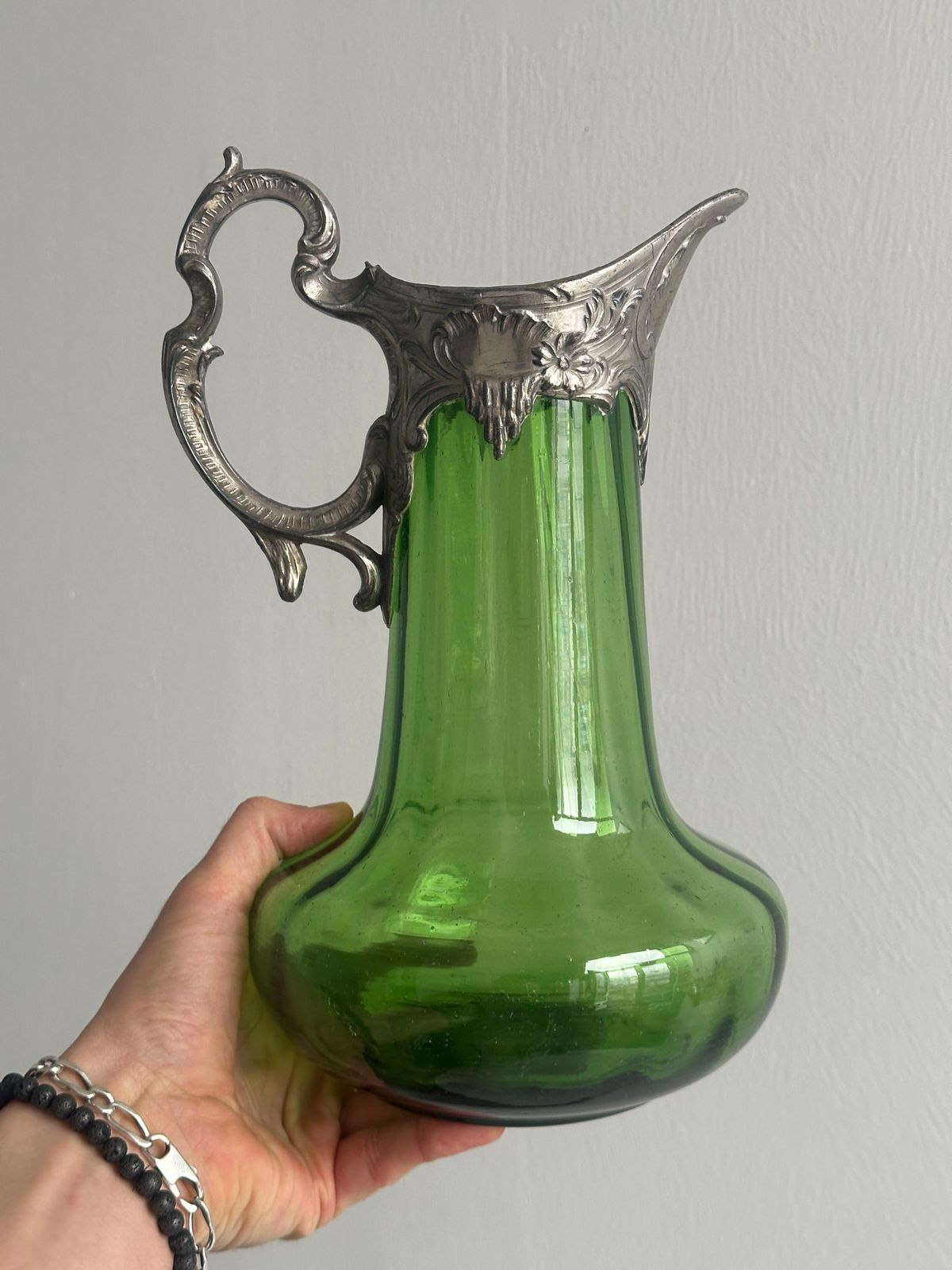 Antique Pitcher In Translucent Green Glass, Elegant Tableware, Unique Pitcher In Blown Glass With Metal Decoration, Antique Carafe, Art Gift photo vintage