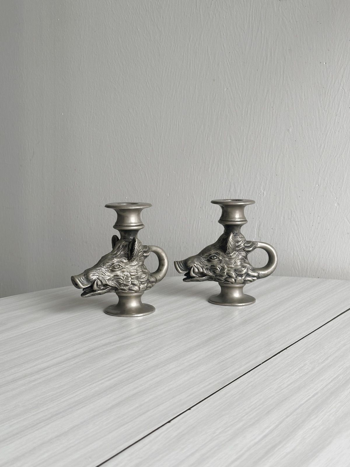 Pair Of Metal Wild Boar Candlesticks, Antique Table Decoration, Rustic Tableware, Fireplace Decor, Quality Antique Objects