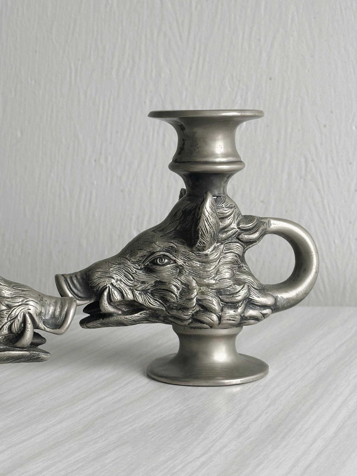 Pair Of Metal Wild Boar Candlesticks, Antique Table Decoration, Rustic Tableware, Fireplace Decor, Quality Antique Objects photo for sale