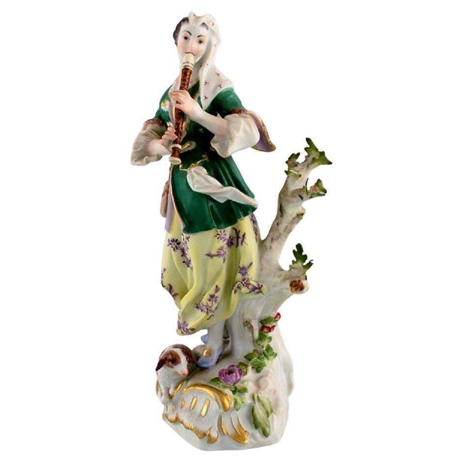 Antique Meissen Porcelain Figurine, Woman Playing The Flute, Late 19th Century