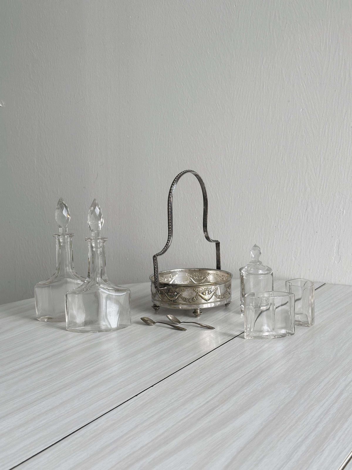 Antique Oil And Vinegar Cruet With Mustard Pot And Spice Compartments, Cut Crystal And Silver Plated Metal, Table Service, French Table photo furniture