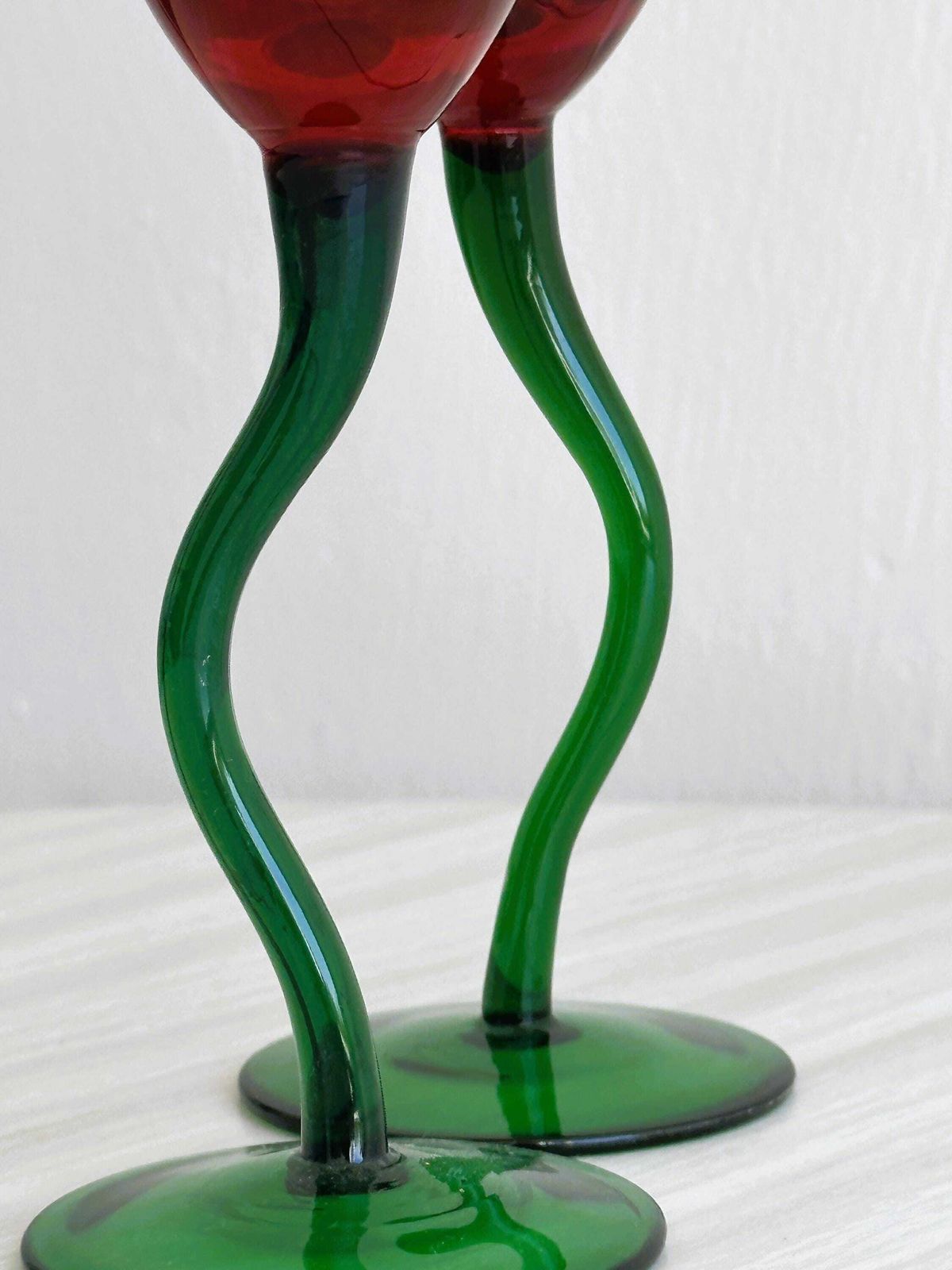 Pair Of Hand Blown Orange Glasses, Green Twisted Stem, Tulip Shaped Designer Glasses For Aperitif Or Table Decoration, Gift photo 112.0
