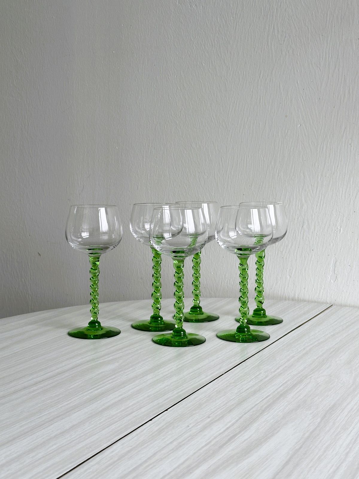 6 Transparent Green Twisted Stemmed Glasses, Vintage Table Decoration, French Glassware, Blown Glass, Country Tableware, Gift