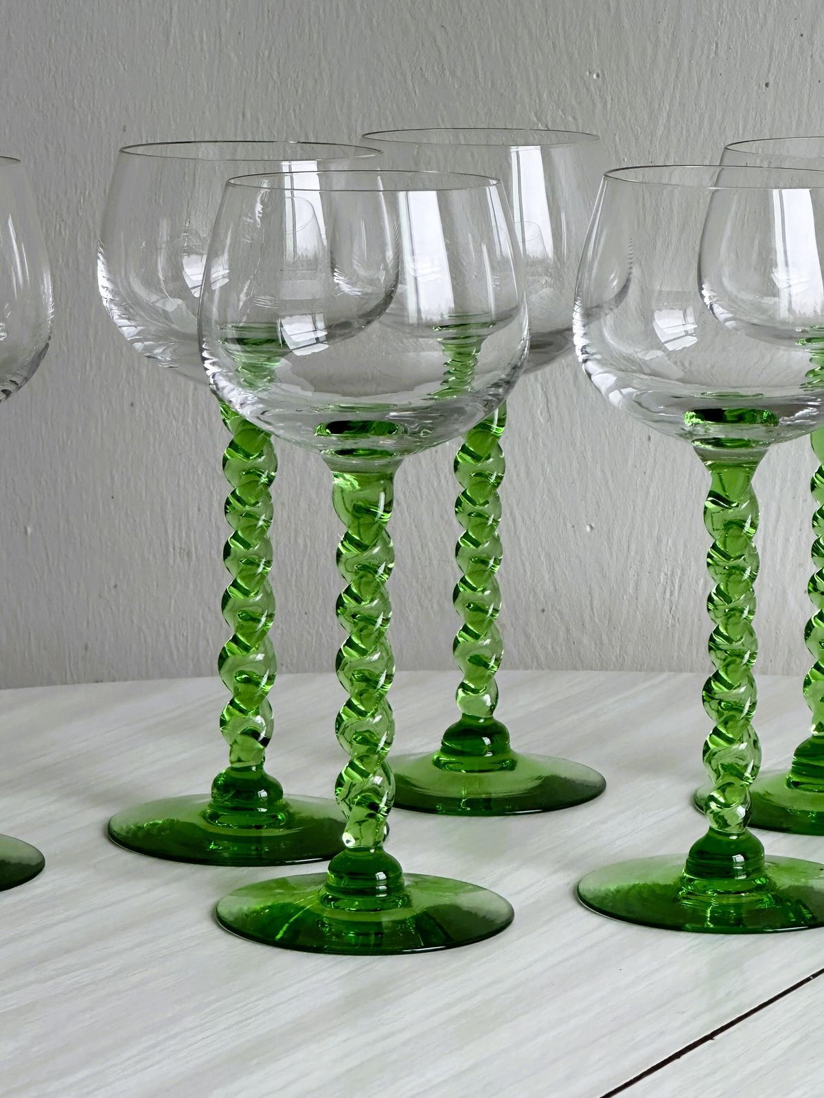 6 Transparent Green Twisted Stemmed Glasses, Vintage Table Decoration, French Glassware, Blown Glass, Country Tableware, Gift photo furniture