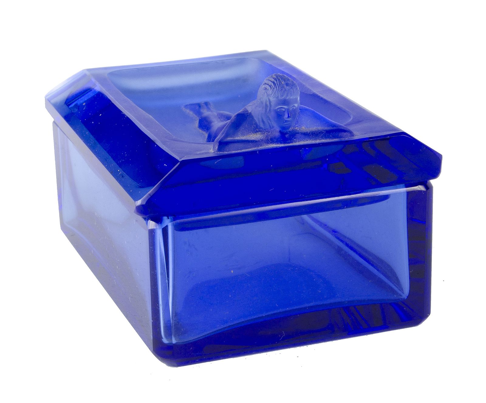 1970s Bohemian Translucent Blue Glass Decorative Box With A Nymph On The Lid, Czech Republic