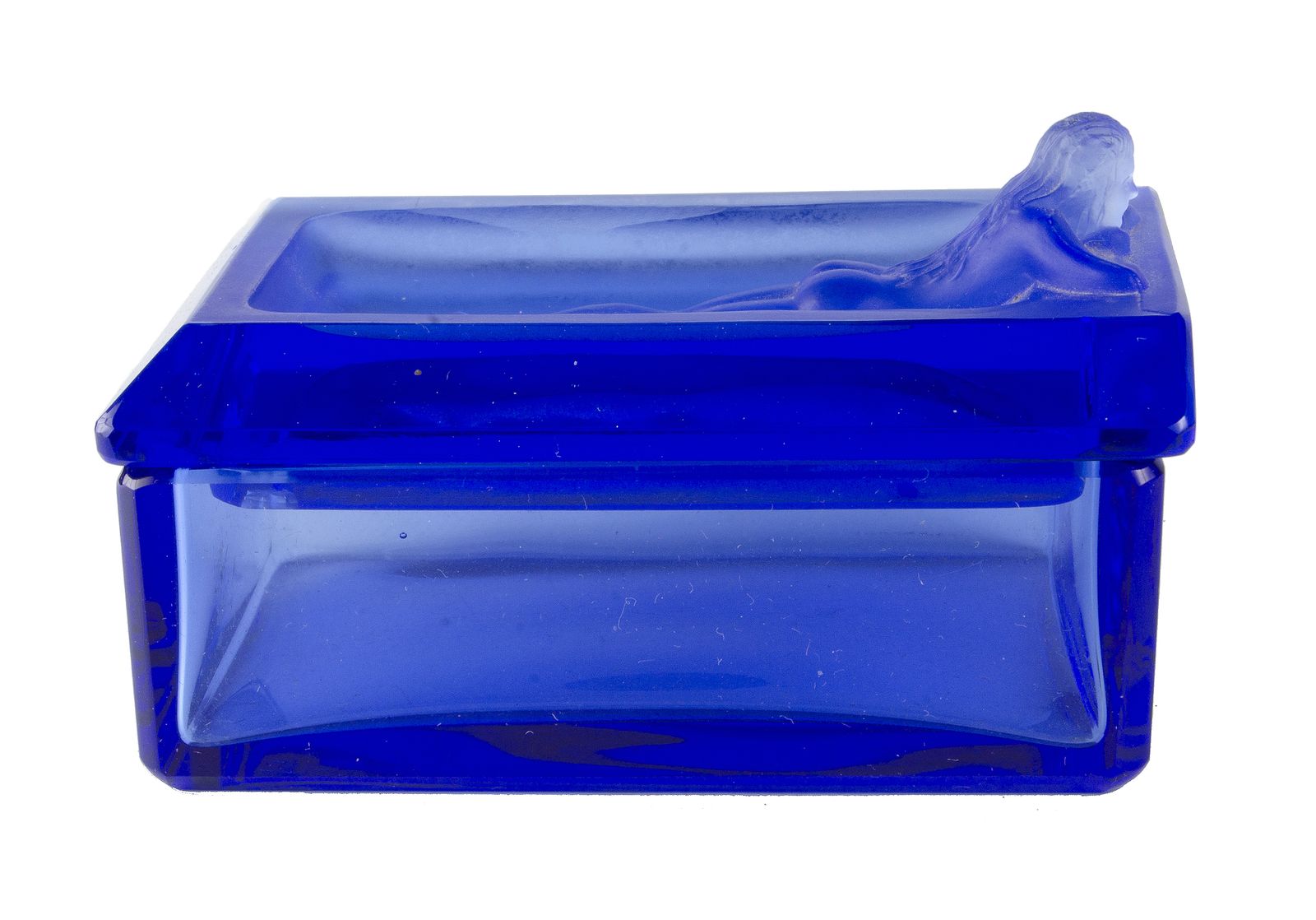 1970s Bohemian Translucent Blue Glass Decorative Box With A Nymph On The Lid, Czech Republic photo vinterior