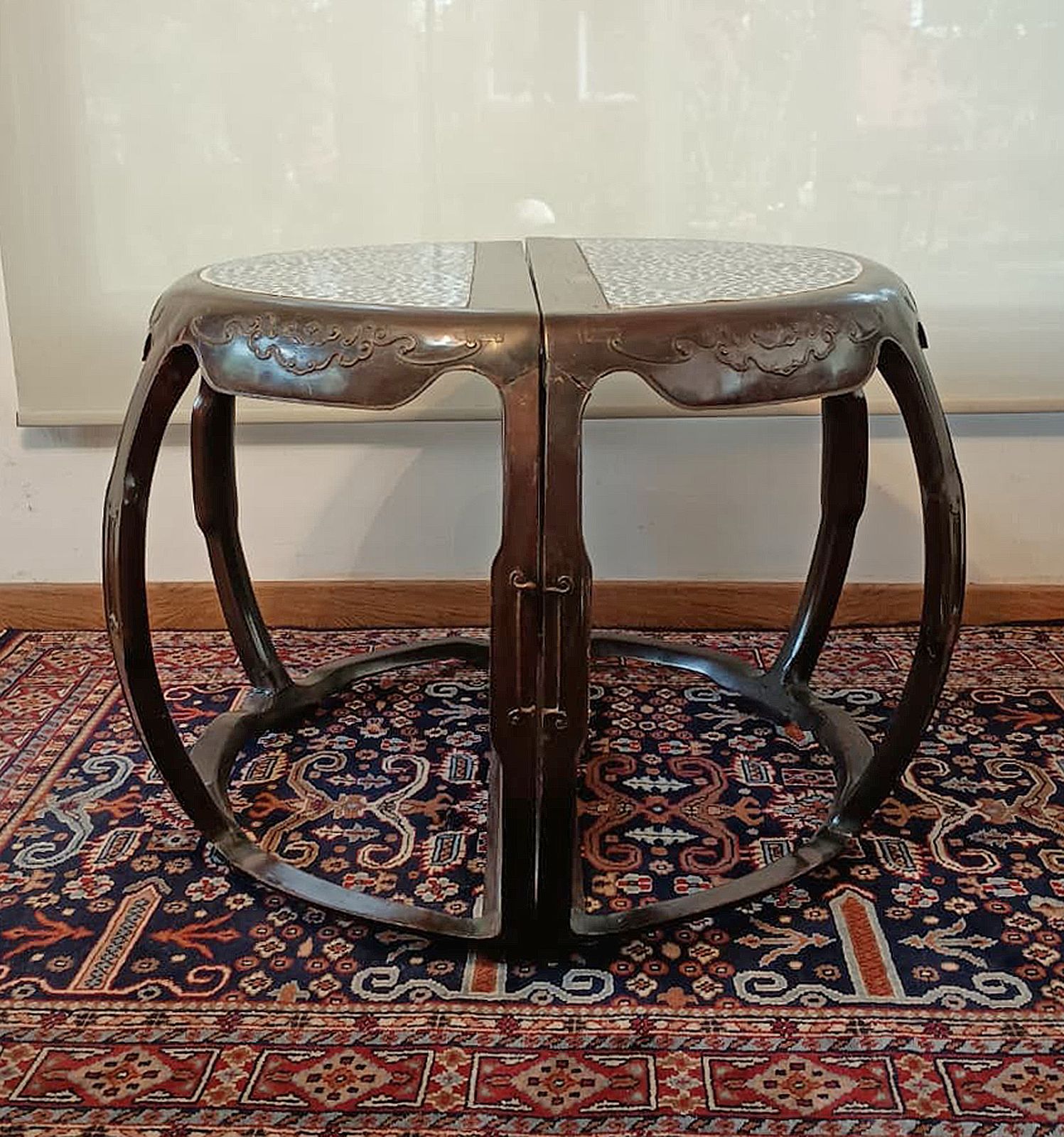 Pair Of Late 19th Century Qing Wooden Circular Demilune Center Tables With Porcelain Inlaid On The Surface, China photo vinterior