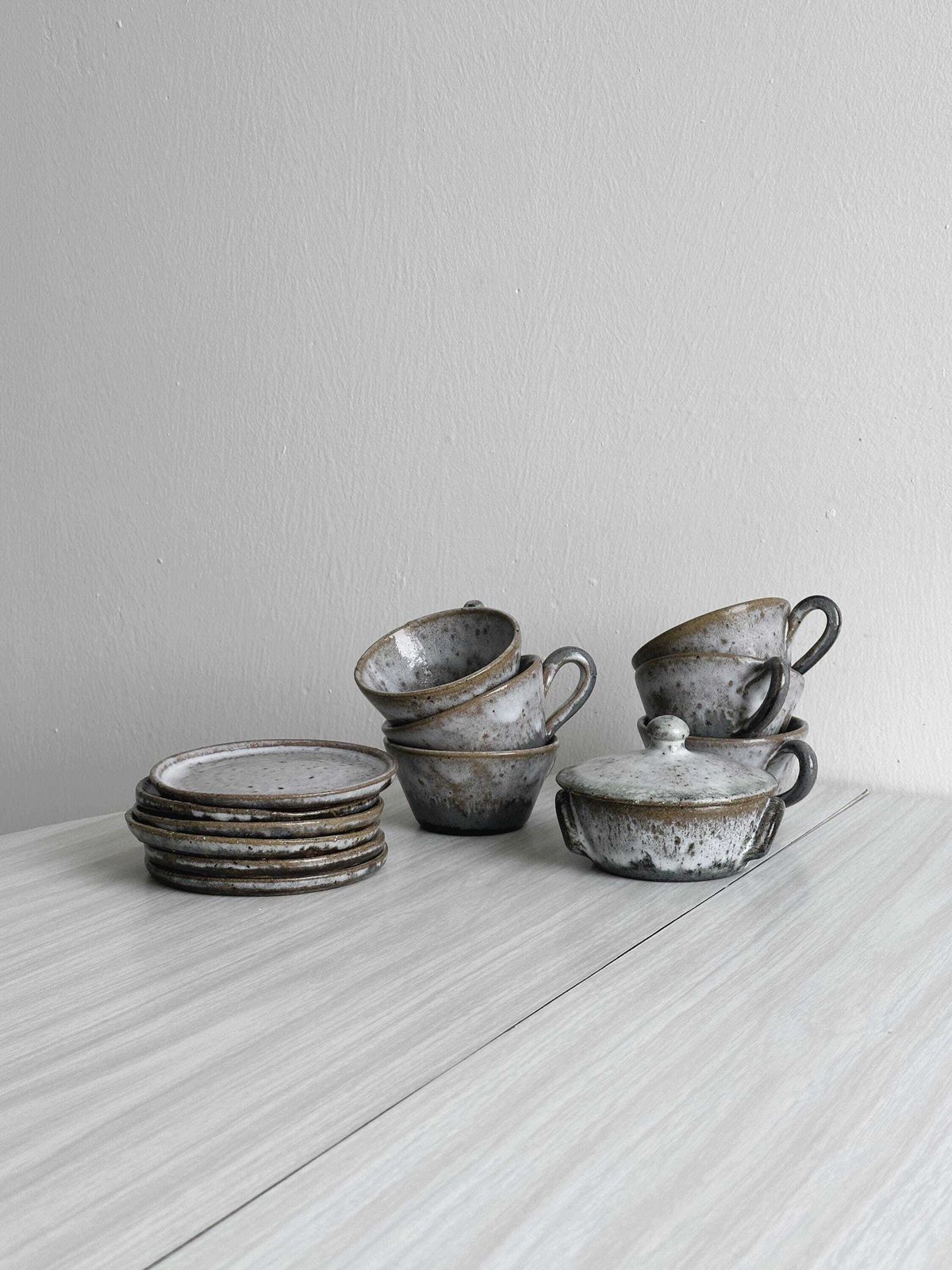 Handcrafted Stoneware Coffee Set, 6 Cups, Saucers And Sugar Bowl, Natural Tones, Ideal For Country Decor, Unique Gift, French Craftsmanship