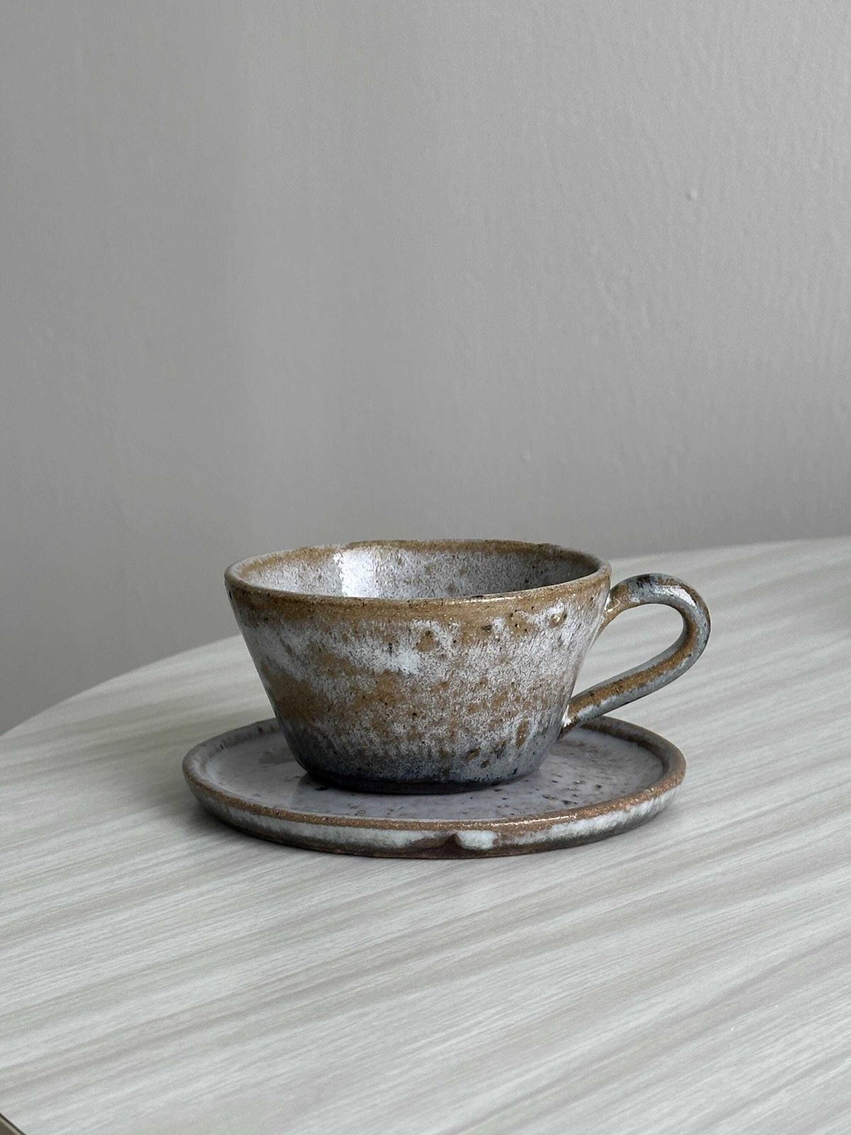Handcrafted Stoneware Coffee Set, 6 Cups, Saucers And Sugar Bowl, Natural Tones, Ideal For Country Decor, Unique Gift, French Craftsmanship photo for sale