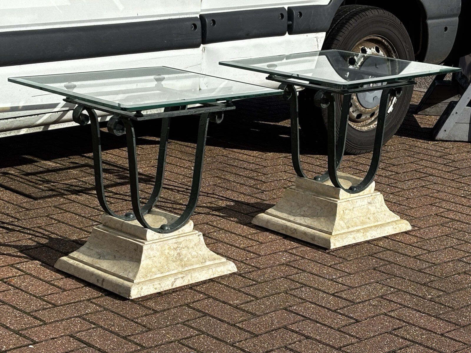 Mid Century Cast Iron & Faux Stone Glass Top Lamp Table With Matching Lamps. photo vintage