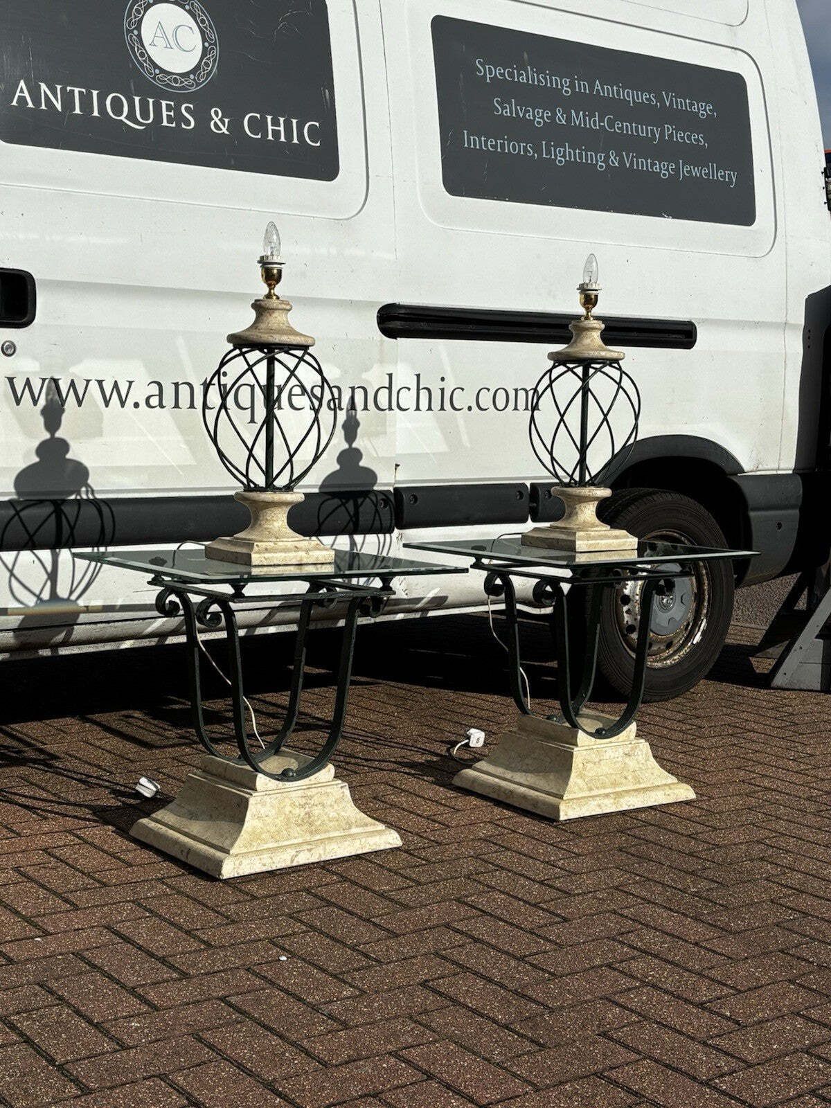 Furniture Mid Century Cast Iron & Faux Stone Glass Top Lamp Table With Matching Lamps. photo