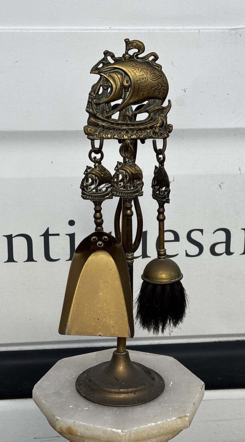 Brass Companion Set Of Fire Tools With Ship Scene