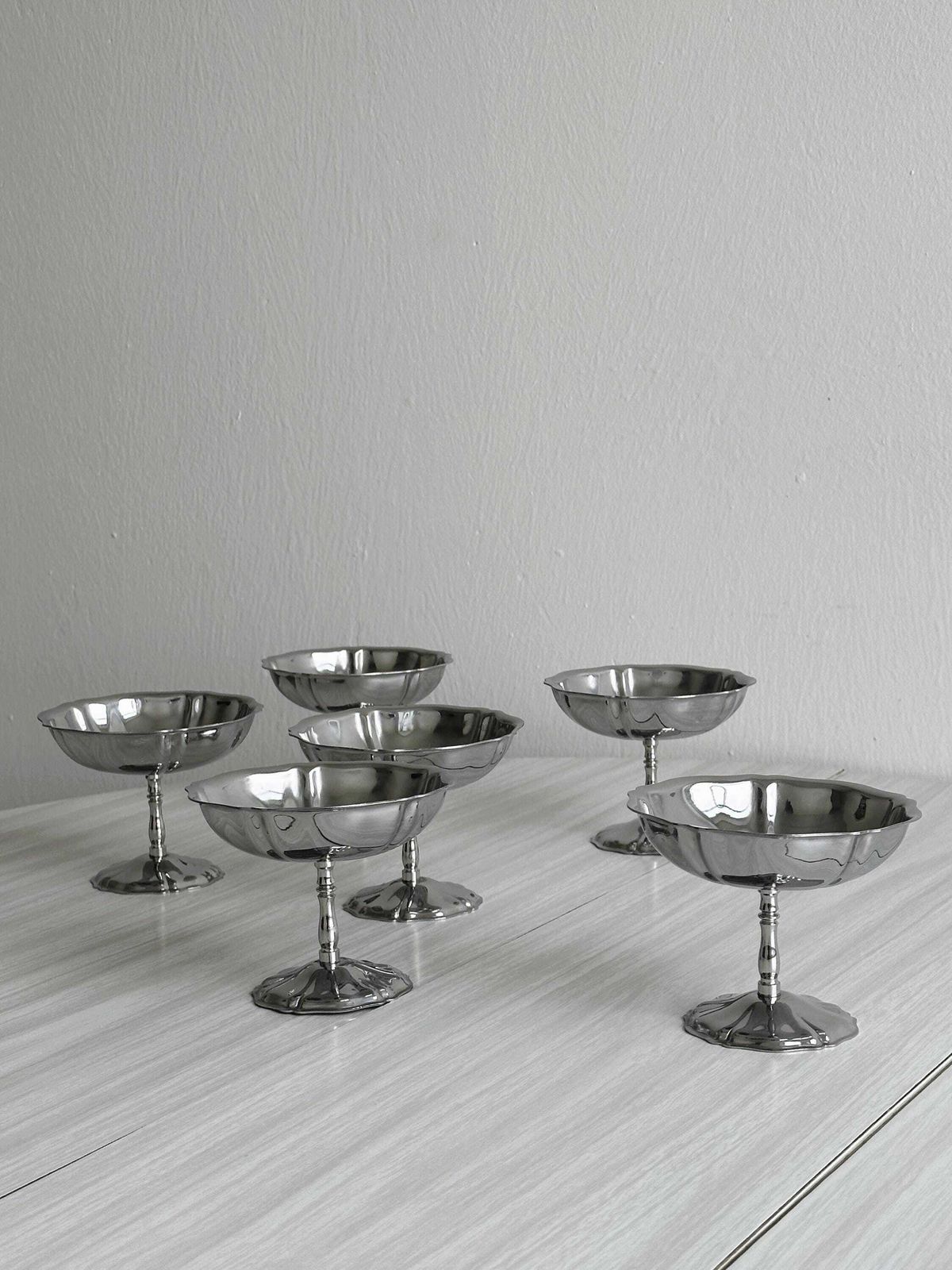 6 Stainless Steel Footed Bowls, Letang Remy Style, French Manufacture, Metal Tableware, Stainless Steel Bowls, Dessert Service, Gift. photo vintage