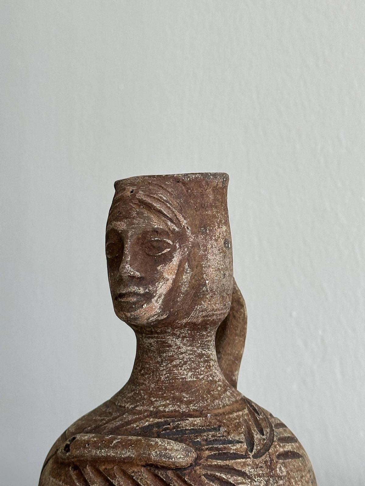 Decorative Vase, Minimalist And Brutalist Style, Wabi Sabi Inspiration, Antique Pottery, Ceramic Woman Face photo for sale
