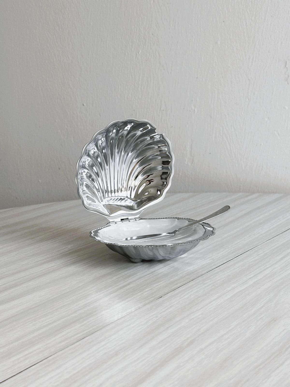 Stainless Steel Butter Dish In The Shape Of A Shell, Elegant Vintage Butter Dish With Small Spoon, Refined Object For A Chic Table, Tableware photo furniture