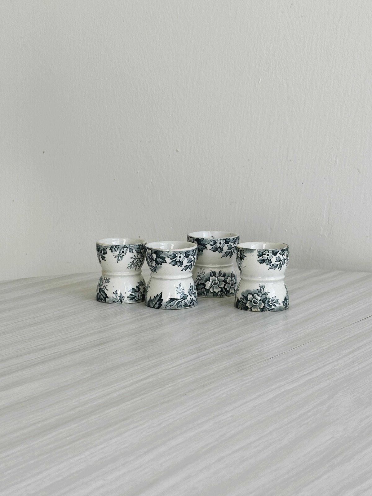 Set Of 4 Antique Earthenware Egg Cups, Blue Floral Decoration, Vintage Tableware, Elegant And Refined French Kitchen Decoration