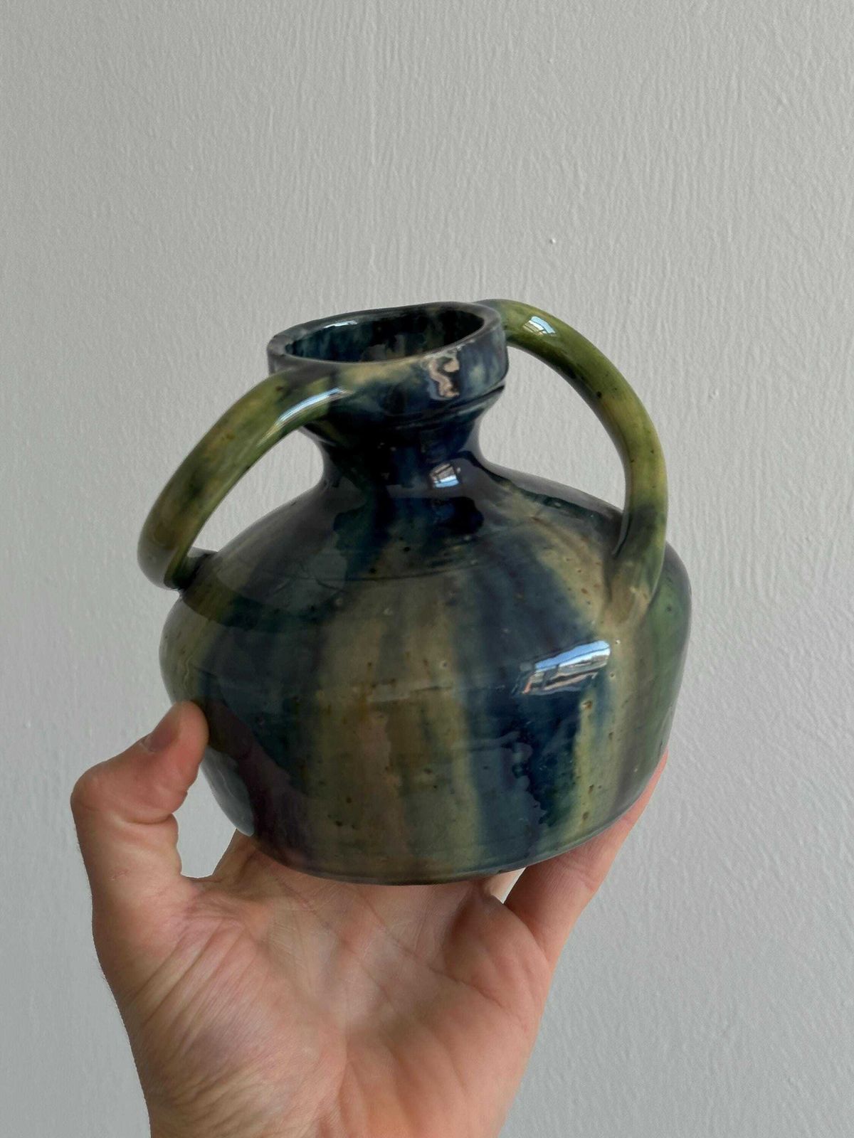 Handmade Ceramic Vase With Two Handles, With Shades Of Blue And Green, Rustic Boho Style, Handmade Pottery, Gift photo vinterior