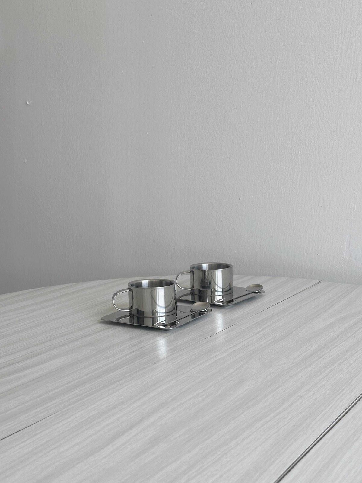 Designer Set Of 2 Stainless Steel Coffee Cups With Saucers, Contemporary Chic Style, Gift Idea, Metal Tableware, Breakfast