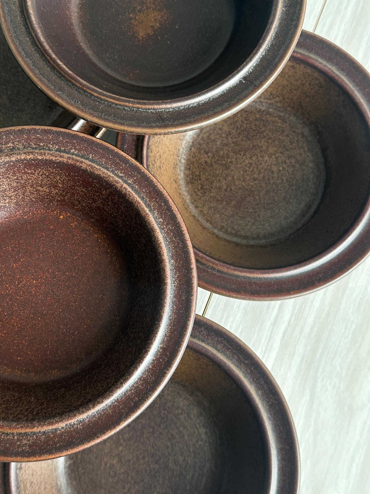 Set Of 6 Dark Brown Glazed Stoneware Bowls, Bowls For Starters Or Desserts, Raw And Elegant Table Decoration, Dark Elegant Table photo for sale