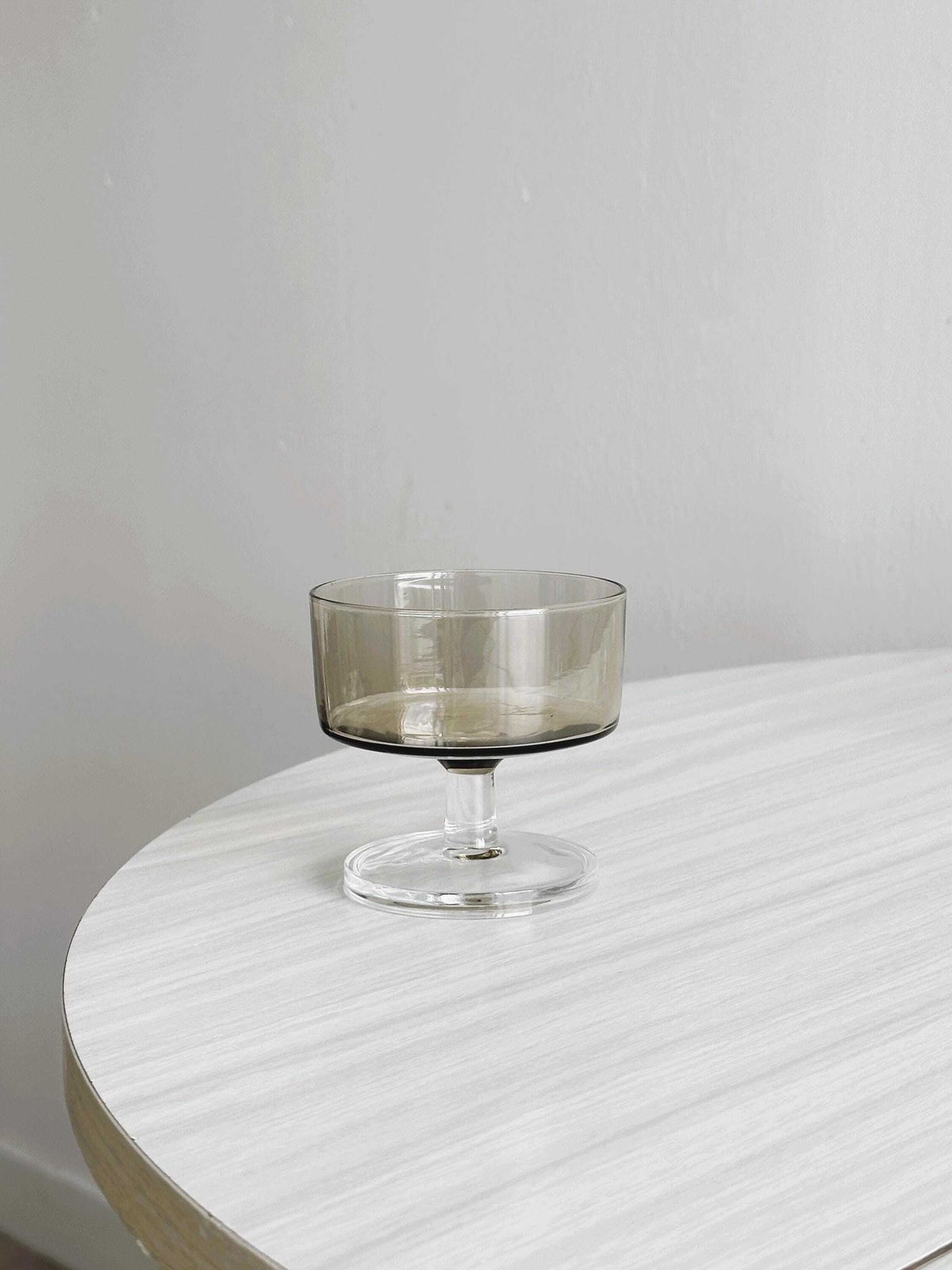 Set Of 5 Smoked Glass Coupes, Vintage Dessert Or Champagne Glasses, Retro Tableware, Transparent Base, Elegant 70s Tableware photo for sale