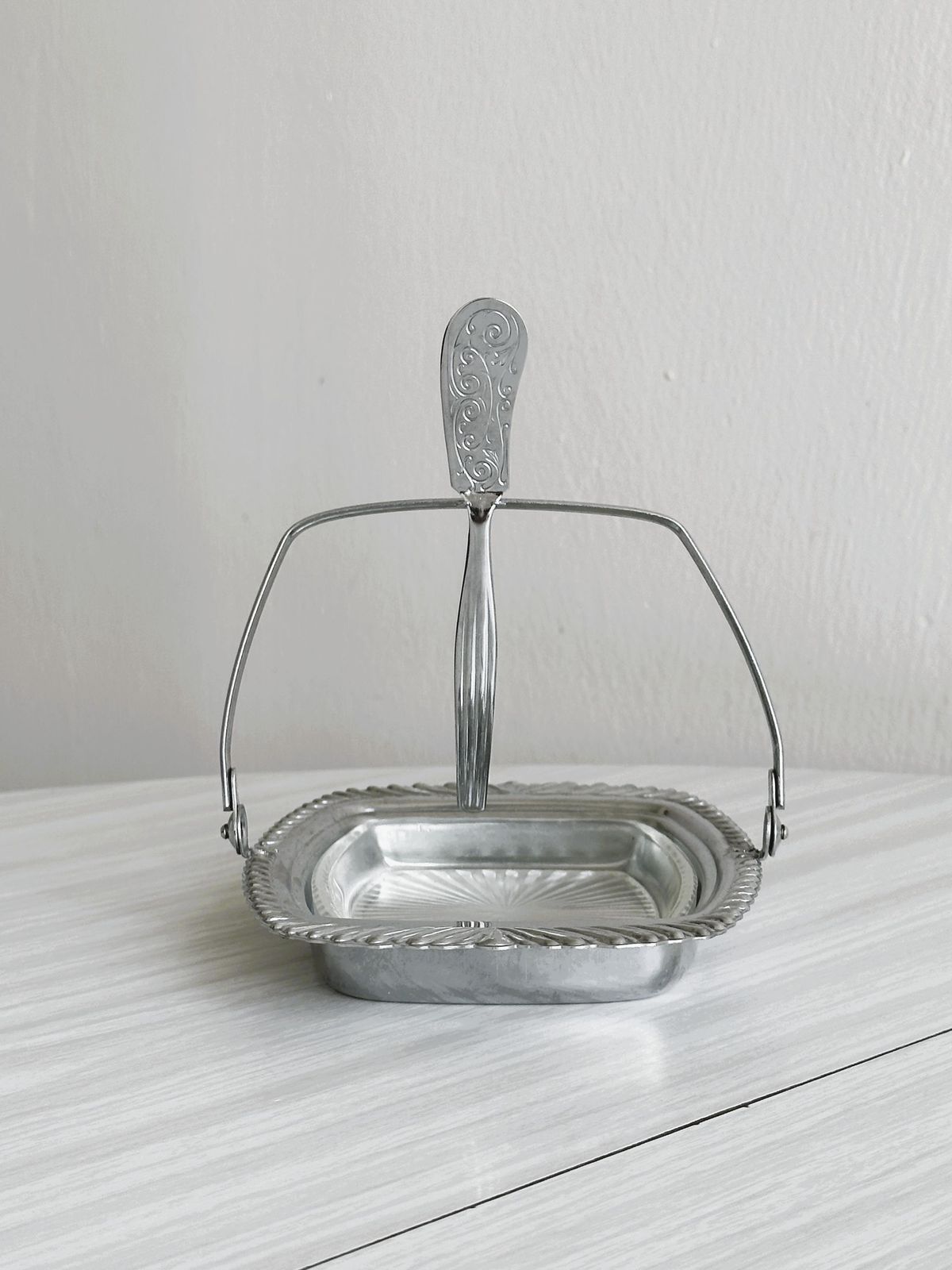 Antique Butter Or Jam Dish In Silver Plated Metal And Chiseled Glass, Refined Breakfast Service, Elegant Vintage Tableware photo furniture