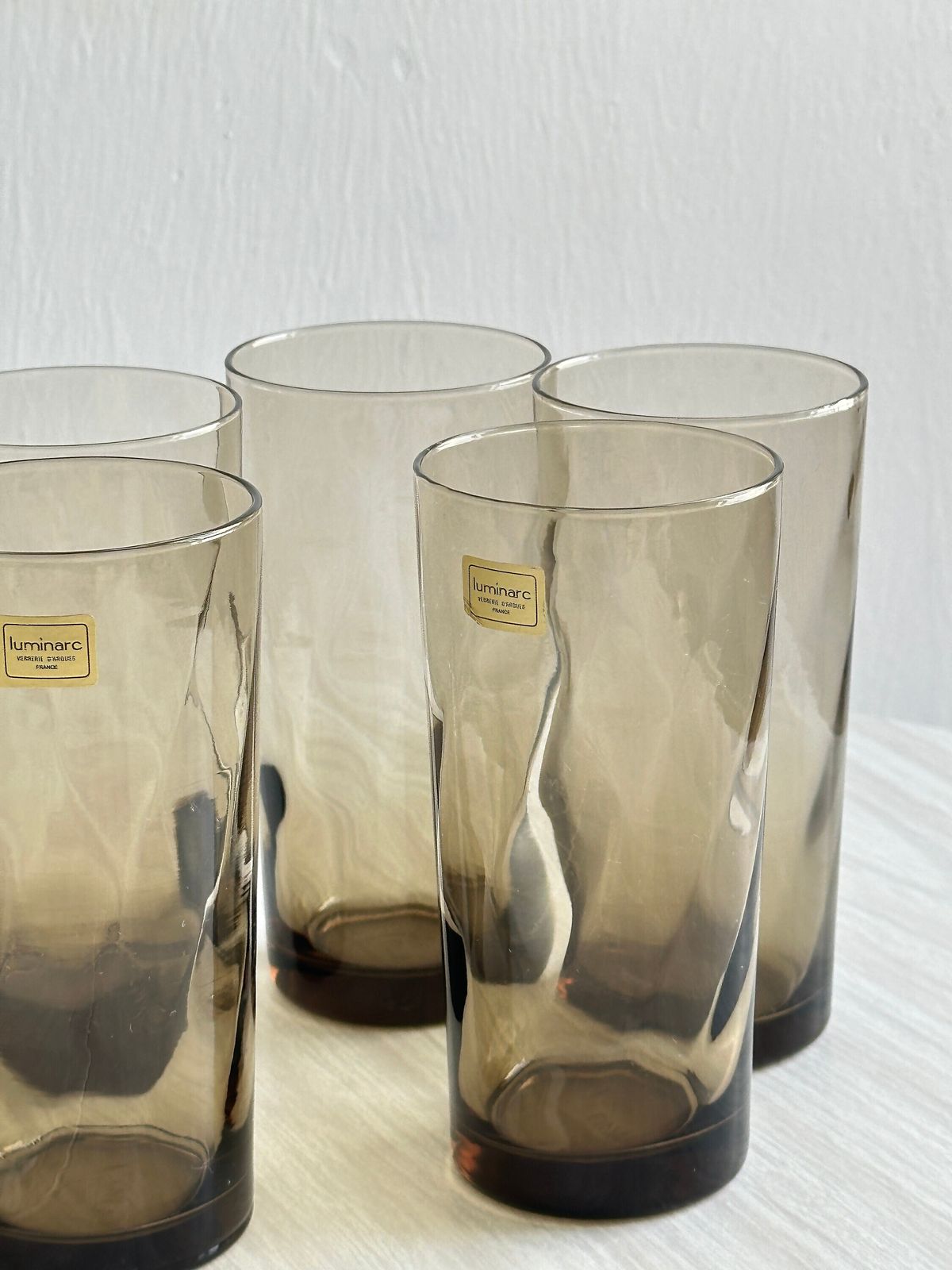 5 Smoked Water Glasses France, Orangeade Glasses With A Wavy And Minimalist Design, Modern Table Setting, Reception And Dinner Glasses, Smoked Gift Idea. photo for sale