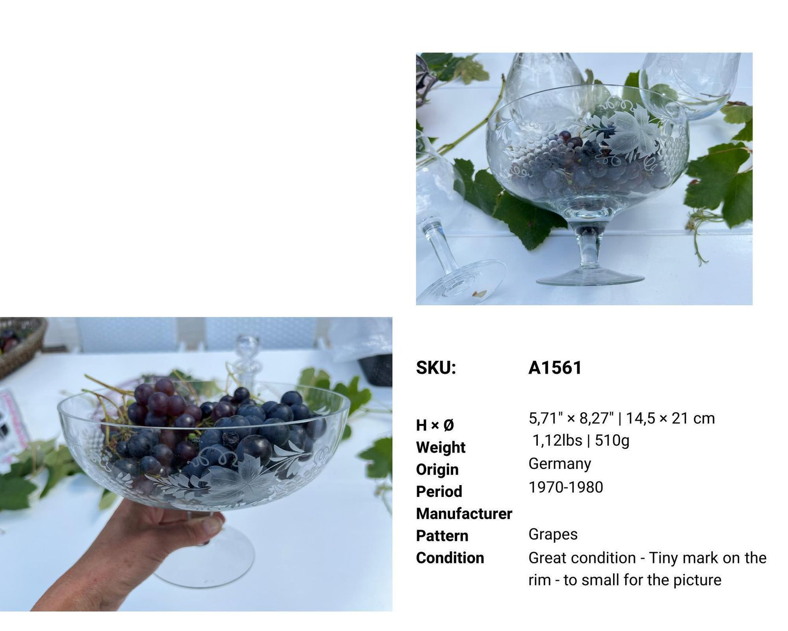 Vintage German Crystal Bowl | Hand Engraved Grapes & Leaves photo for sale