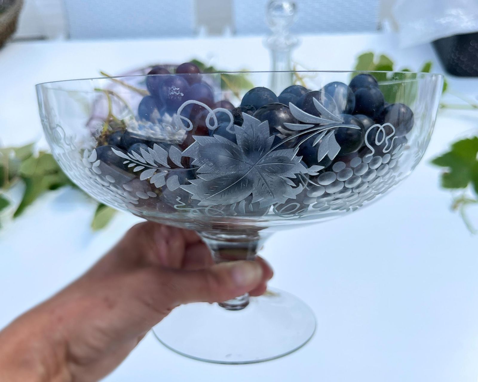 Vintage German Crystal Bowl | Hand Engraved Grapes & Leaves photo 153.0