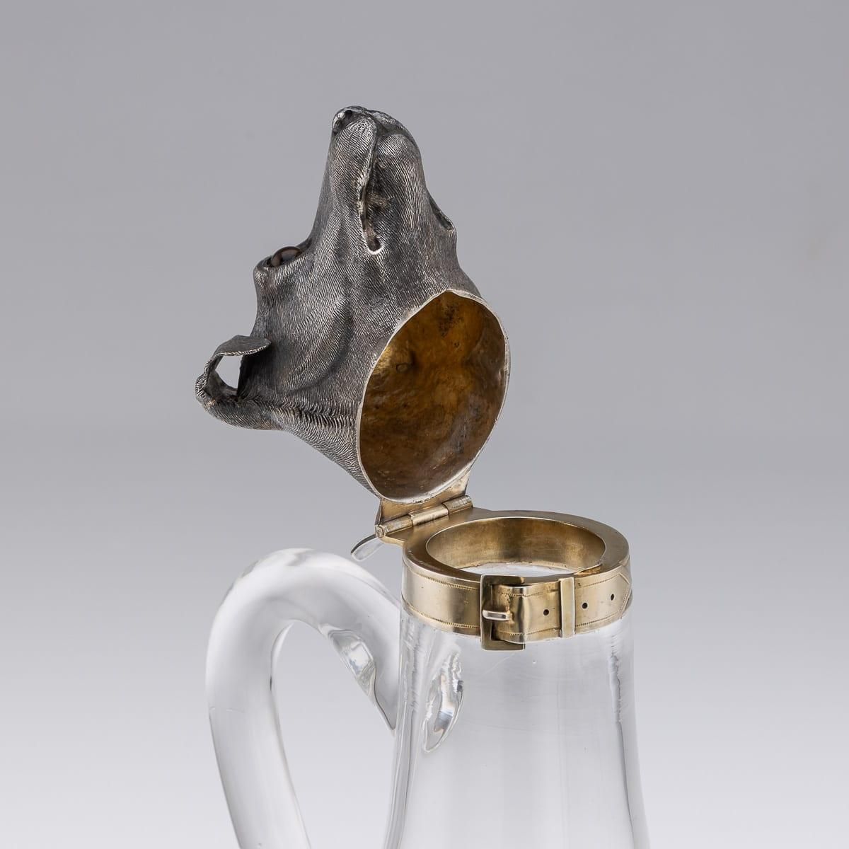 photo for sale Antique 19thc Victorian Solid Silver & Clear Glass Novelty Dog Claret Jug C.1884
