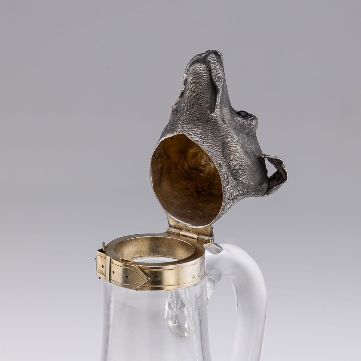 Home Decor Antique 19thc Victorian Solid Silver & Clear Glass Novelty Dog Claret Jug C.1884 photo