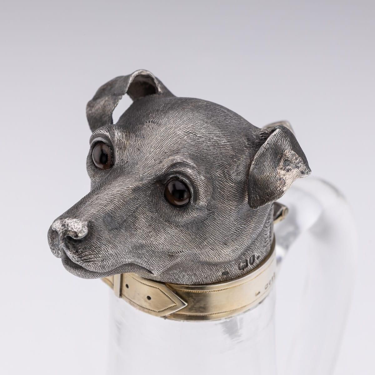 7159.0 Antique 19thc Victorian Solid Silver & Clear Glass Novelty Dog Claret Jug C.1884 photo