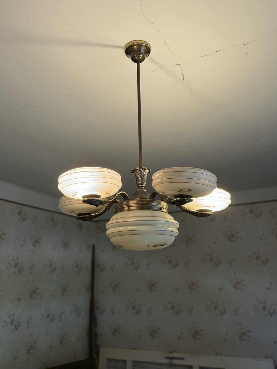 Art Deco Brass And Glass 5 Arm Chandelier, Central Europe, 1940s photo furniture