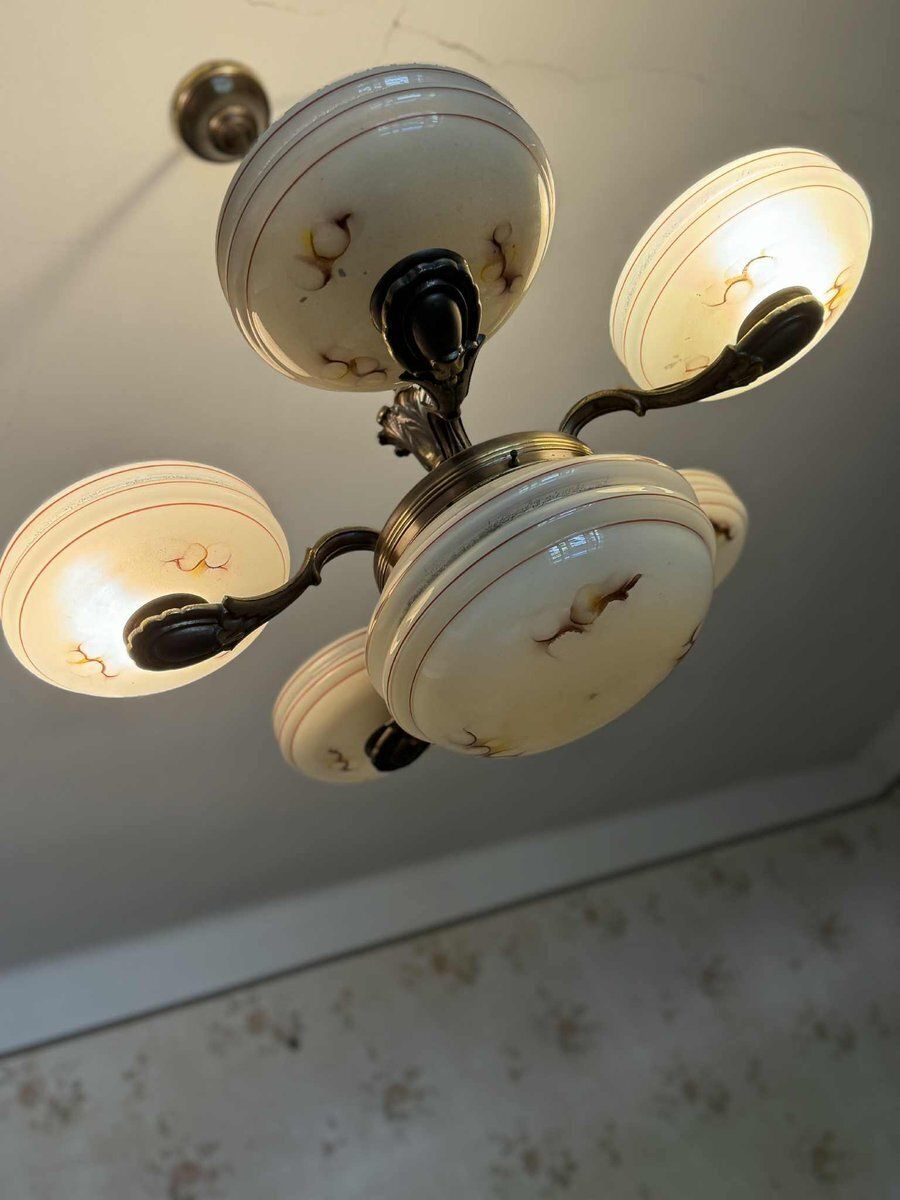Art Deco Brass And Glass 5 Arm Chandelier, Central Europe, 1940s photo Lighting