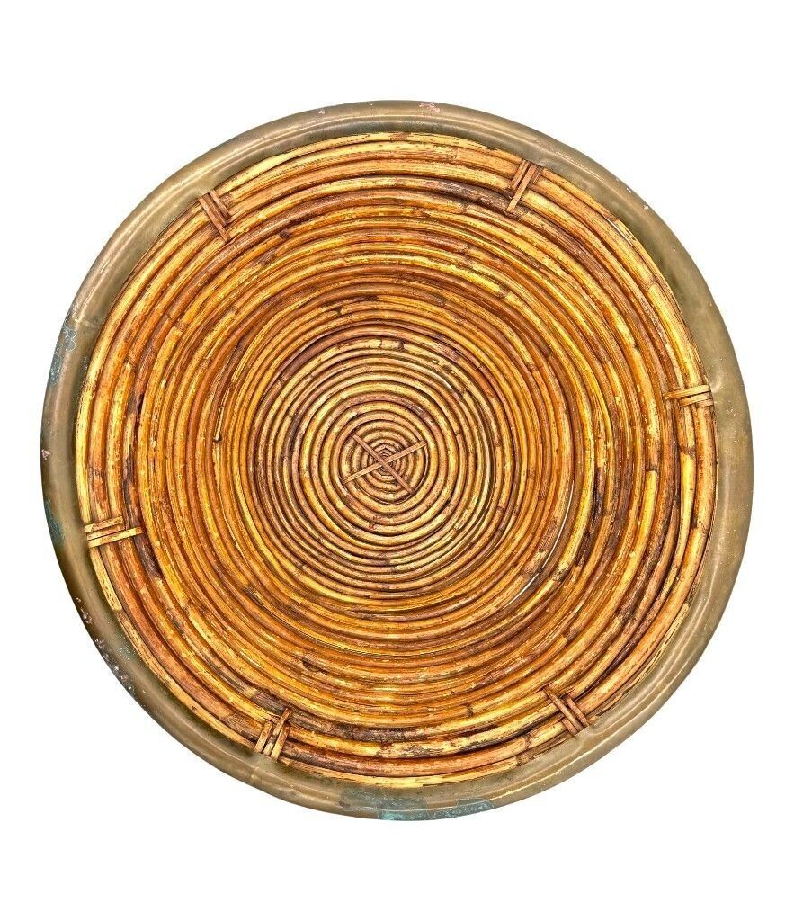 A Large Italian 1970s Woven Bamboo Bowl With Brass Rim photo Home Decor