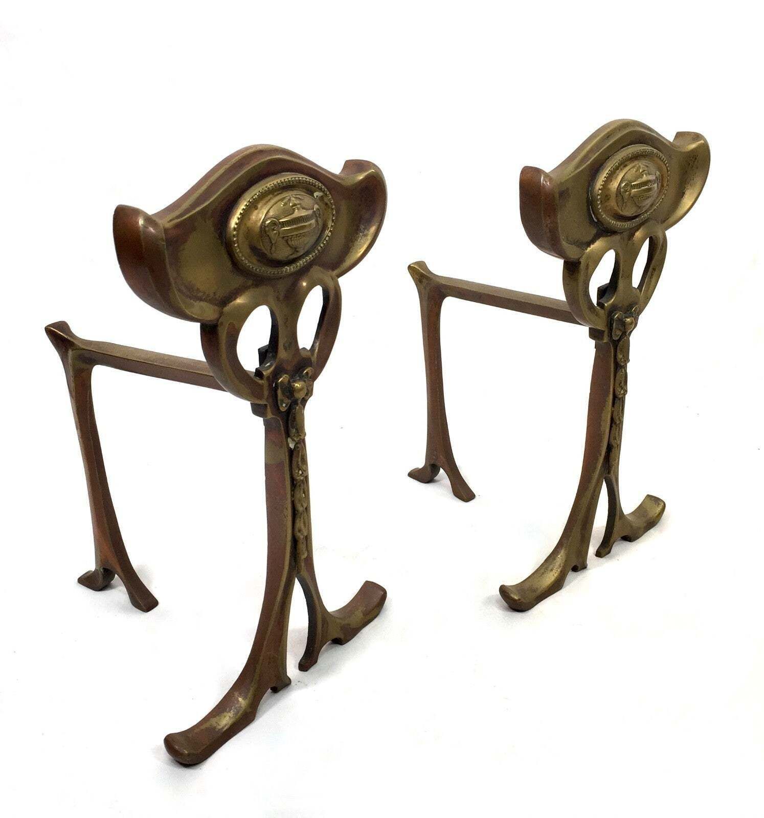 Antique Pair Of Art Nouveau Brass Fire Dogs / Log Burner / C.1900 / Victorian photo for sale