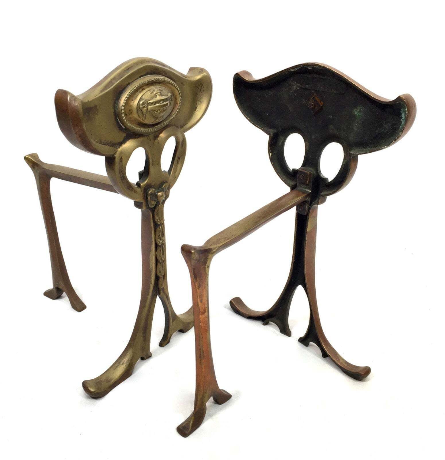 Antique Pair Of Art Nouveau Brass Fire Dogs / Log Burner / C.1900 / Victorian photo vinterior