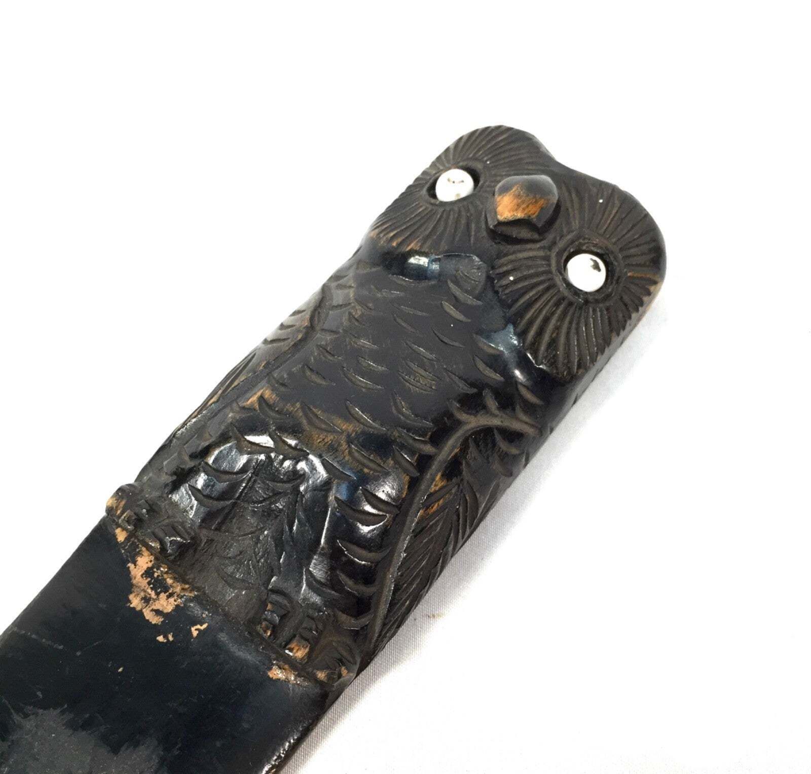 Antique Large Ebonised Carved Wood Owl Page Turner / Ceramic Eyes Treen C.1920 photo for sale