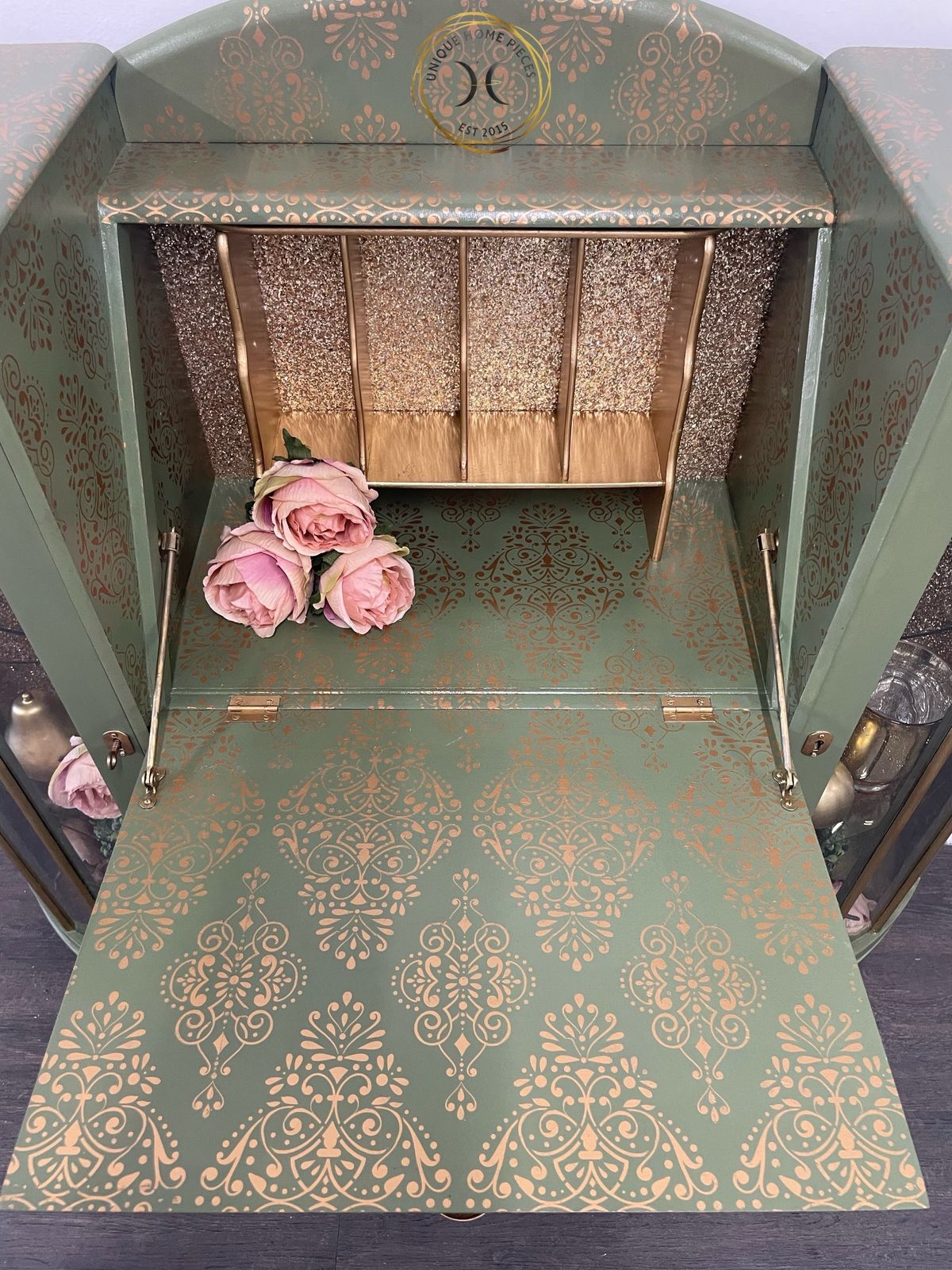 Green And Gold Art Deco Style Bureau/ Display Cabinet photo vintage