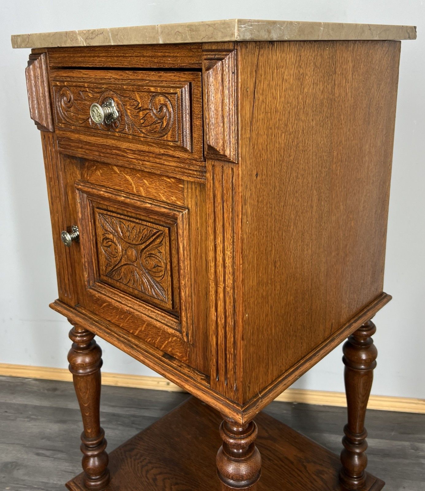 Bedside Table Antique French Oak With Marble Top Carved Cabinet Lot 4333 photo vintage