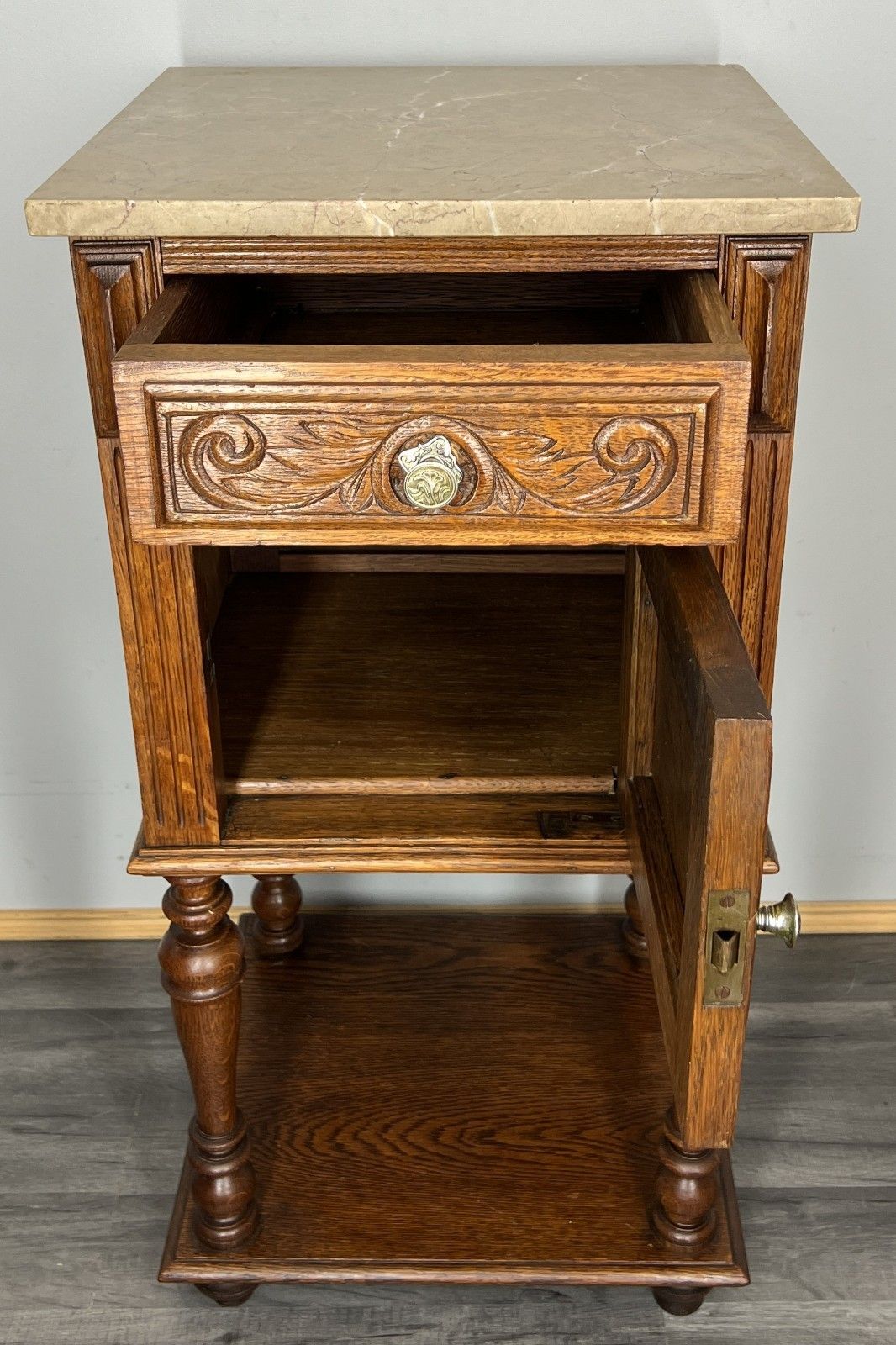 photo for sale Bedside Table Antique French Oak With Marble Top Carved Cabinet Lot 4333