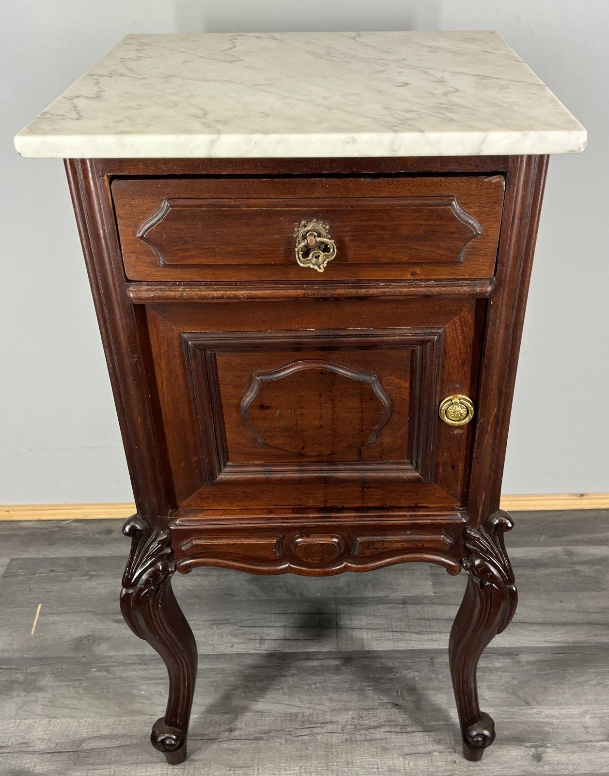 Bedside Table Antique French Marble Top Walnut Carved Cabinet Lot 4334