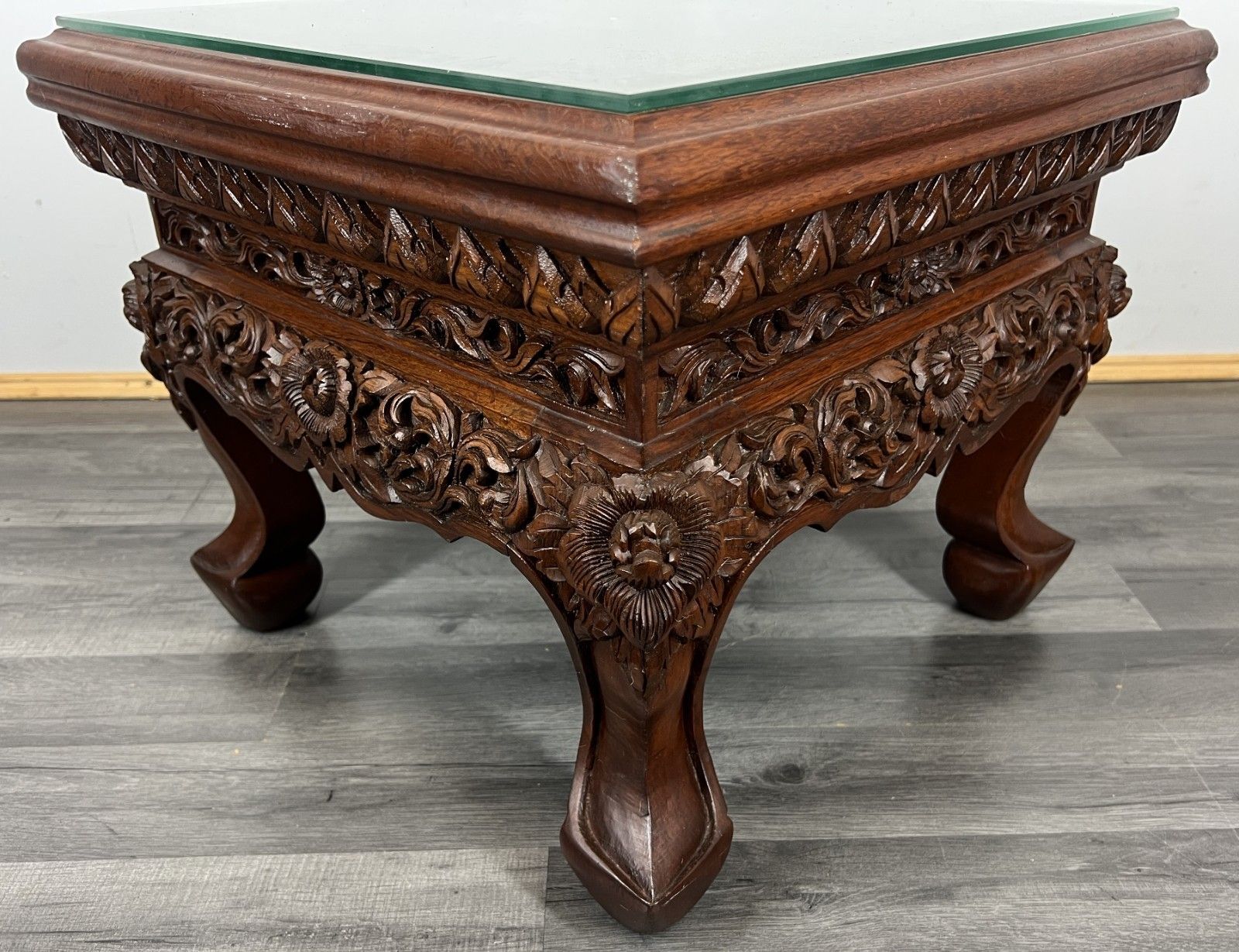 Plant Stand Coffee Table Chinese Mahogany Hand Carved Design Glass Top Lot 4327 photo furniture
