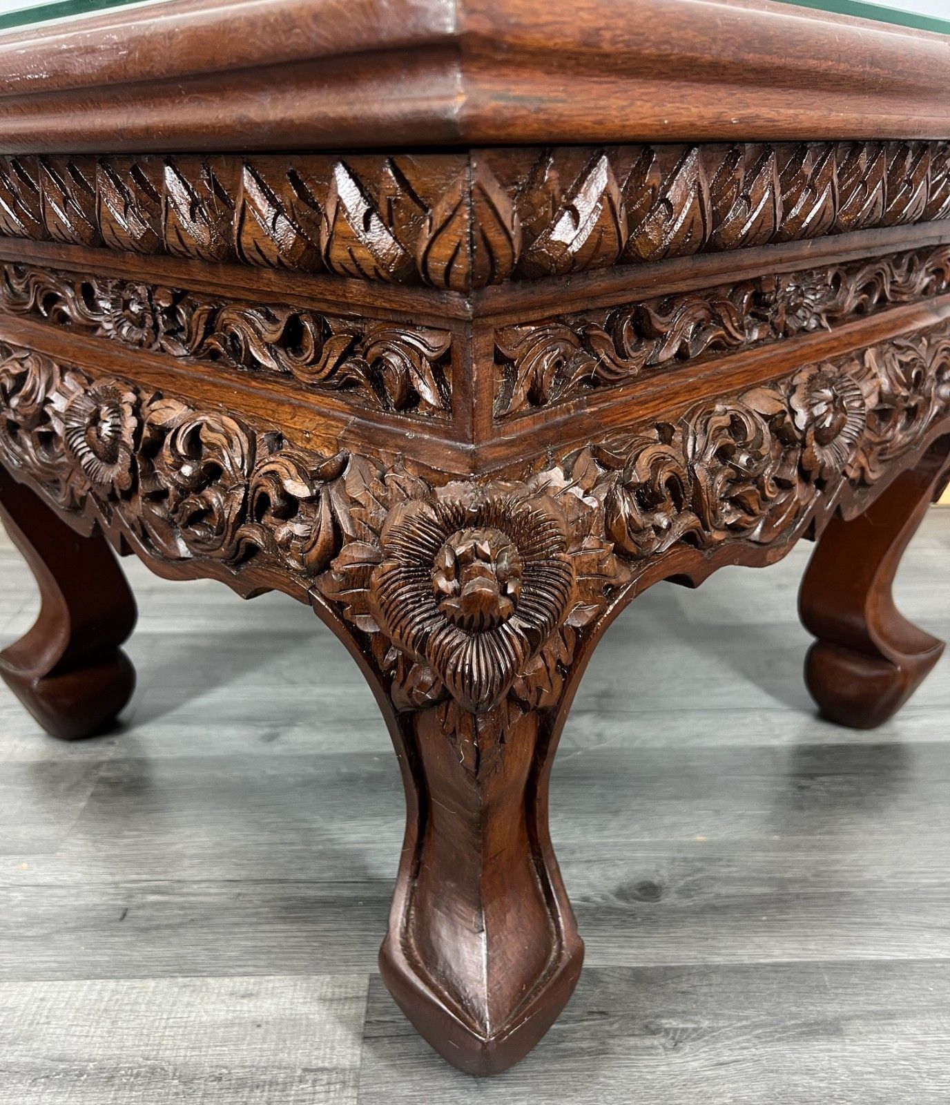 Plant Stand Coffee Table Chinese Mahogany Hand Carved Design Glass Top Lot 4327 photo buy