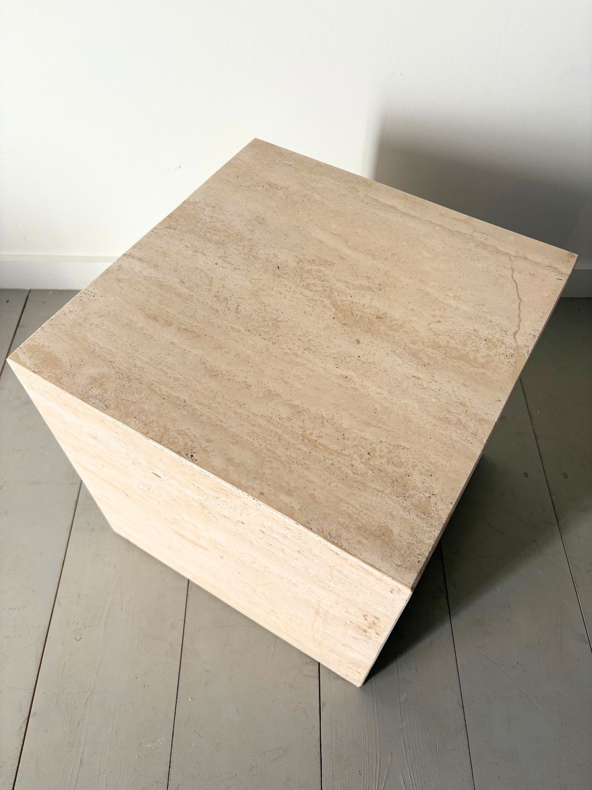photo for sale Travertine Marble Cube Tables Vintage 20th Century Italian Side Table Stools, Set Of Two