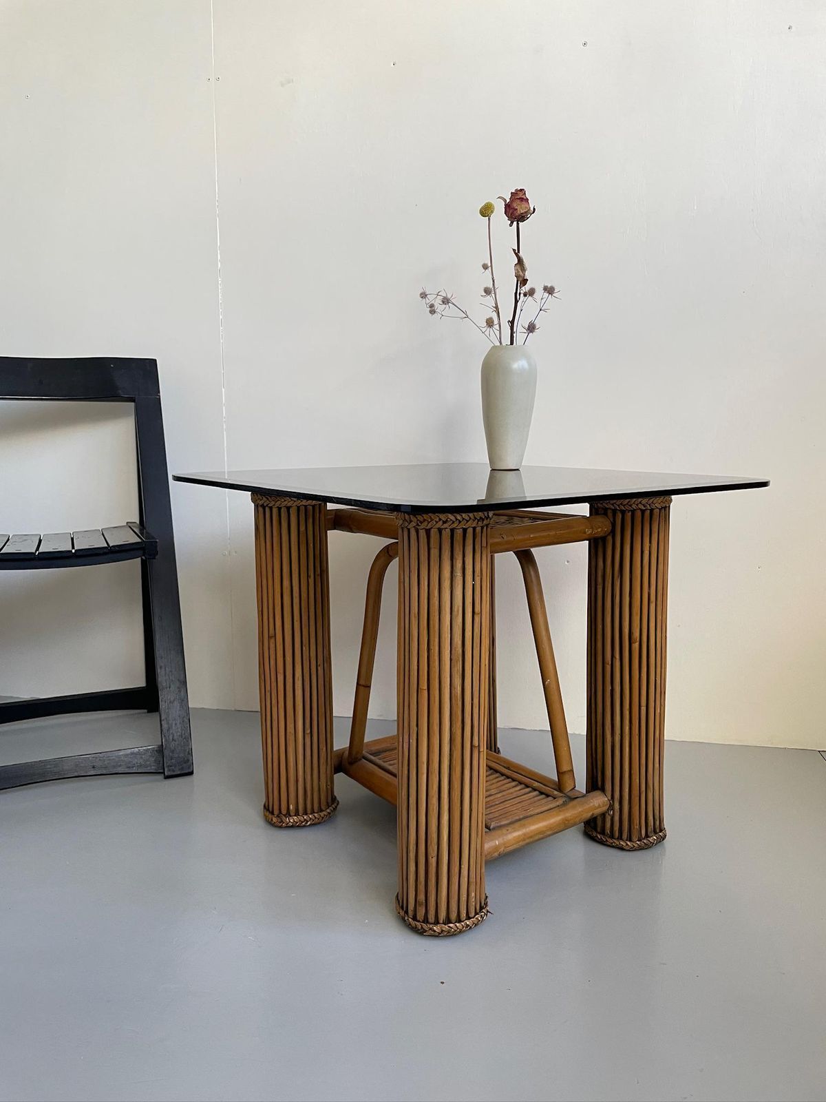 Bamboo Postmodern Column Side Table And Smoked Glass Top Pomo photo Furniture