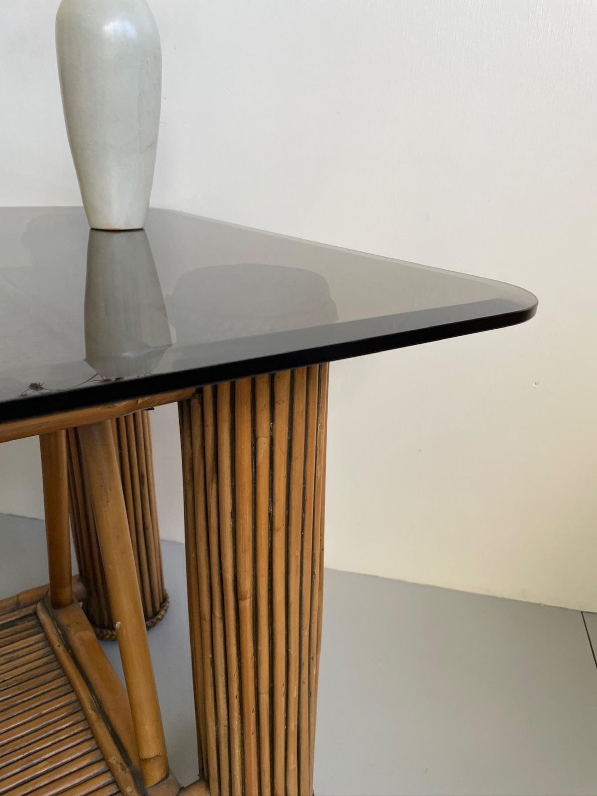 Bamboo Postmodern Column Side Table And Smoked Glass Top Pomo photo buy