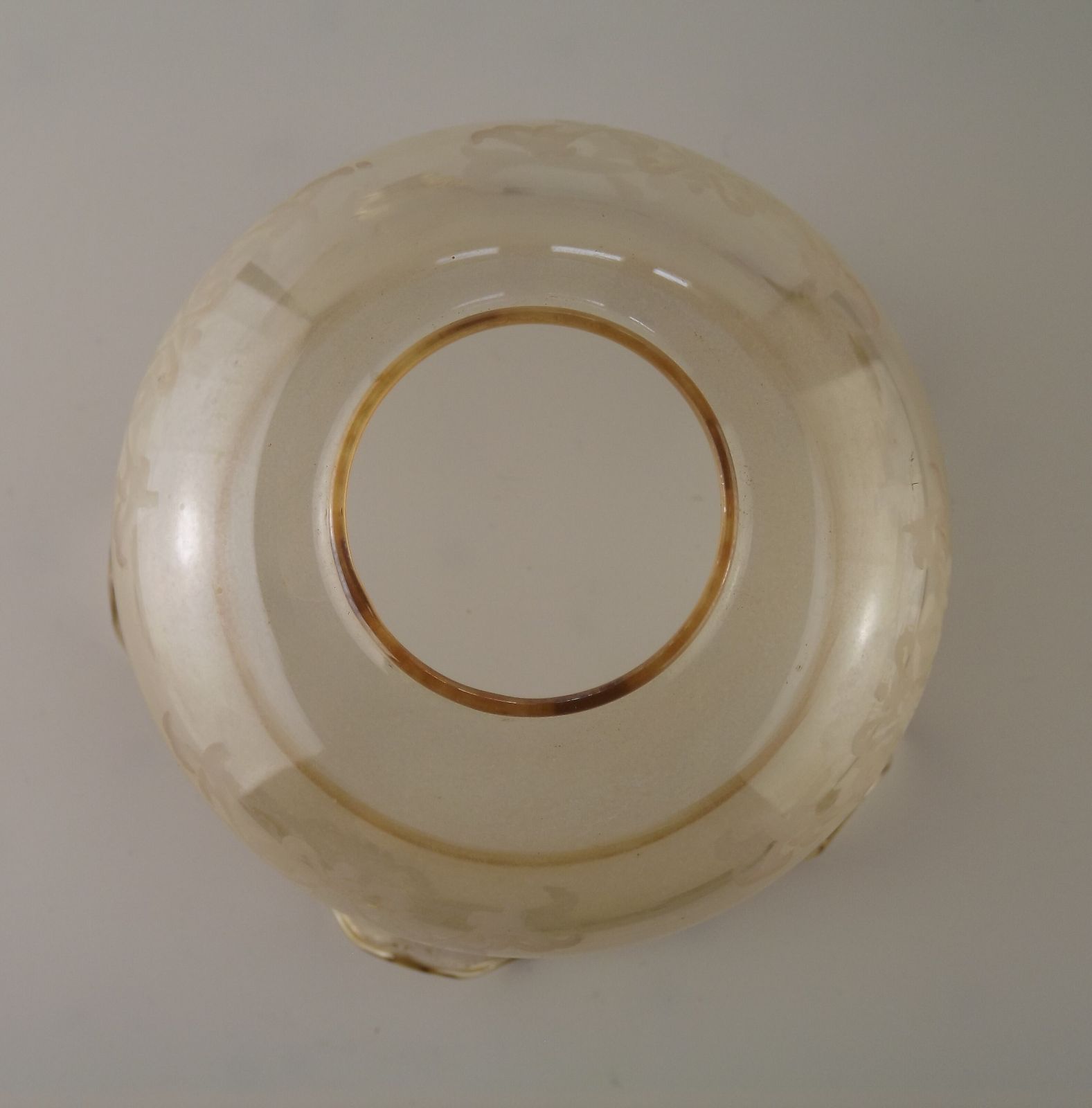 Set Of 3 Vintage Glass Bell Shades In Smoked Amber Glass With Scroll Motif And Frilled Edge photo buy