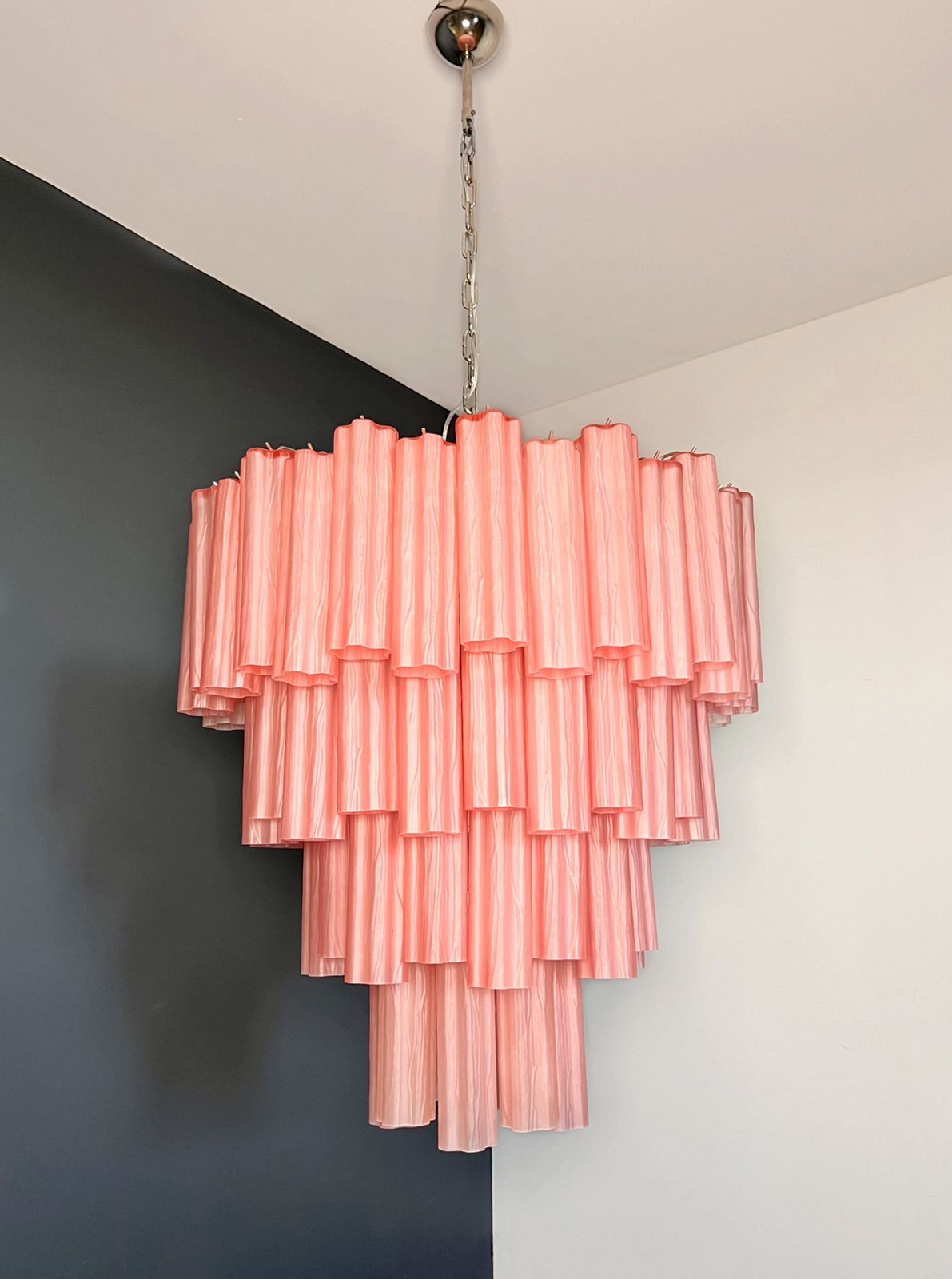 photo buy Huge Vintage Murano Glass Tiered Chandelier   80 Pink Etched Glass Tubes