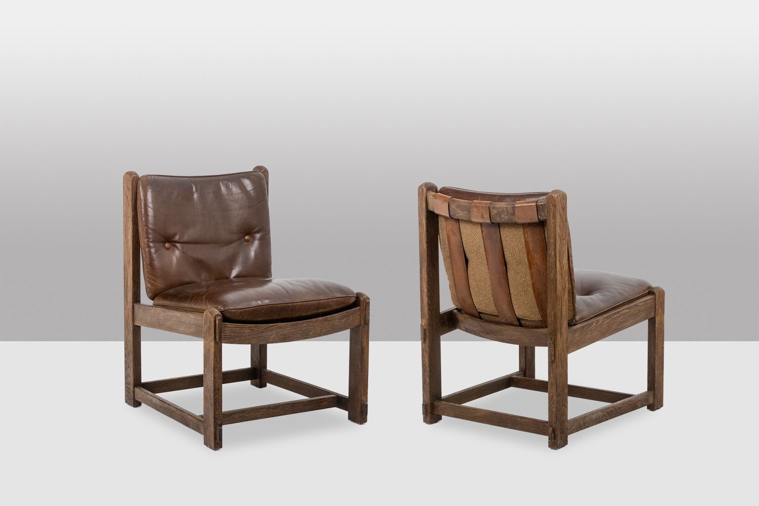 photo for sale Pair Of Oak Fireside Chairs, Upholstered In Leather, 1960s